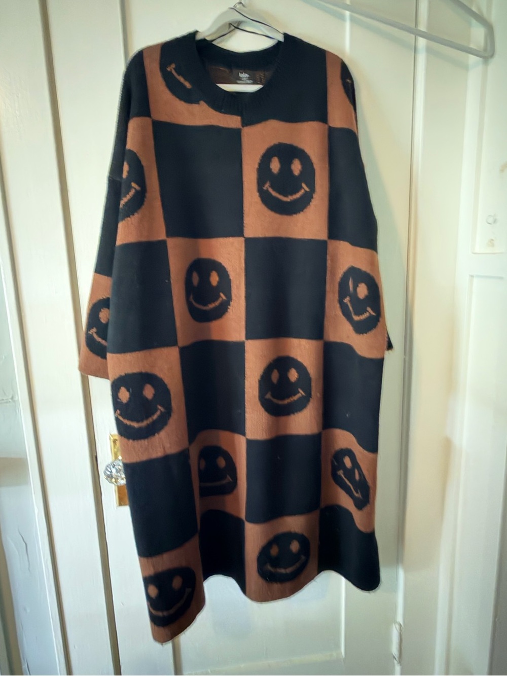 LALA Original Brown Black Checkerboard Smiley Face Oversized Knit Sweater Dress